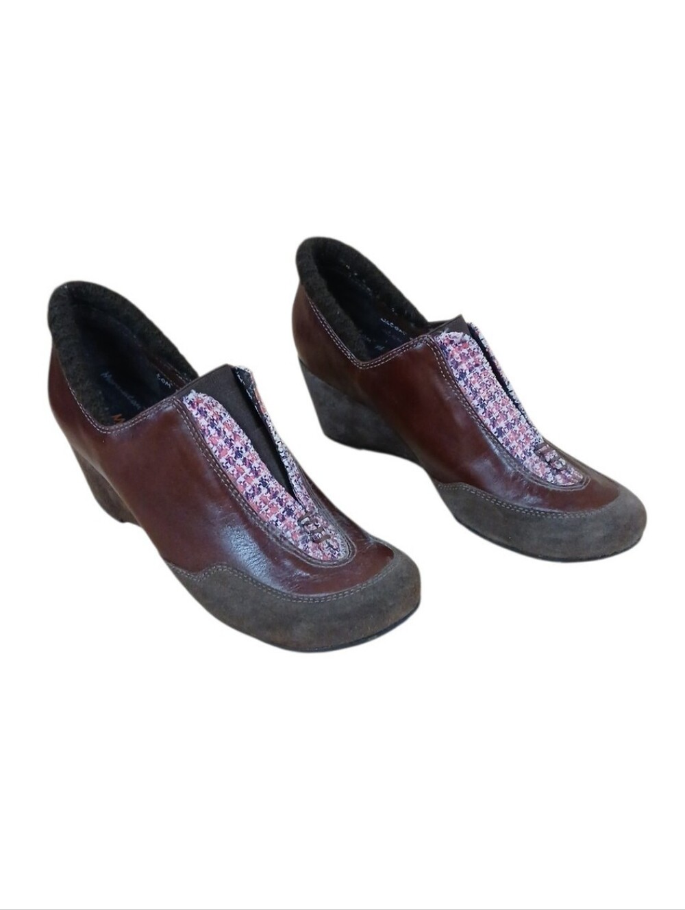 M By Morenatom Brown Leather and Suede Wedge Shoes with Textured Panel Size 9 B